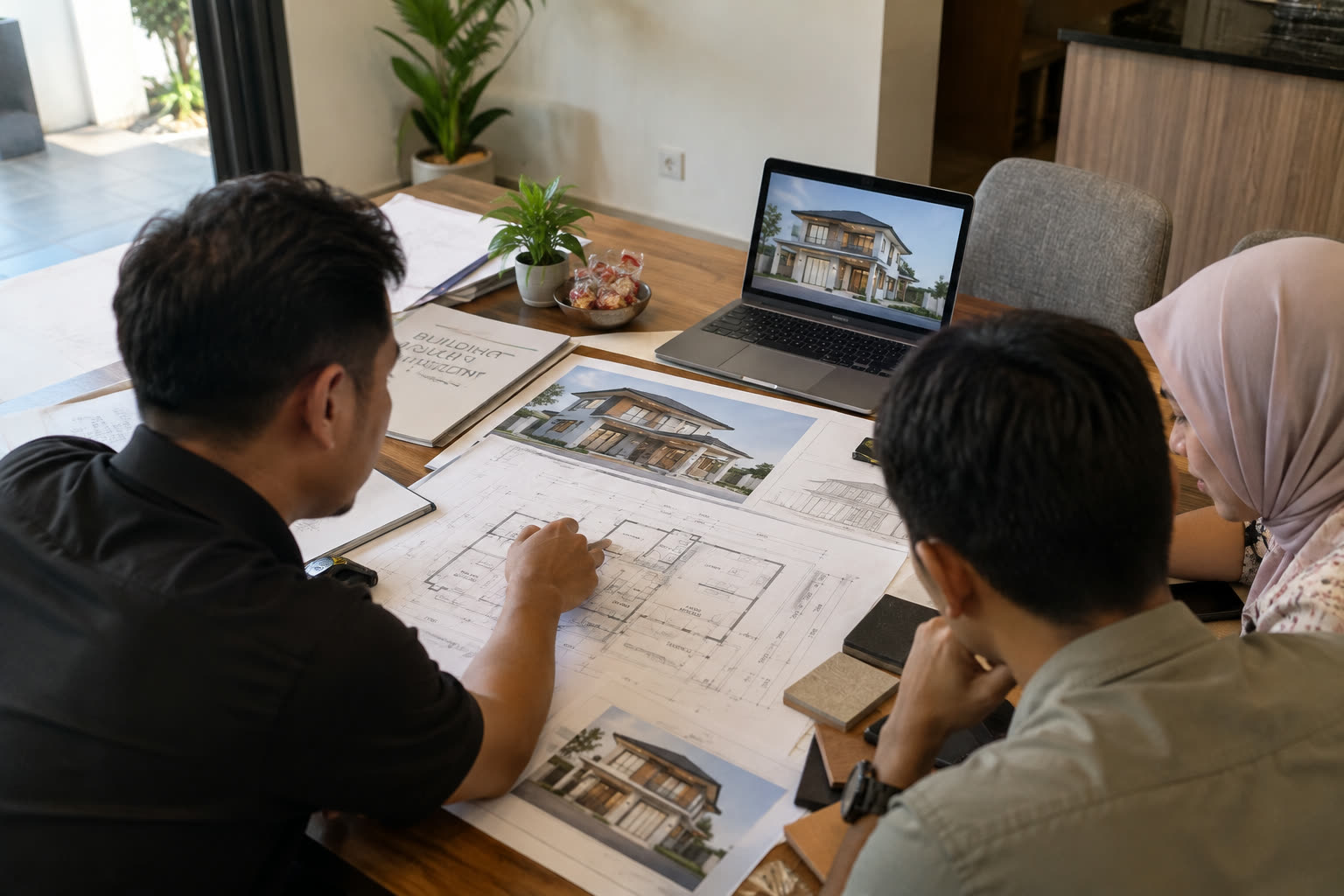 ZAM Construction team reviewing house plans with a client at a table