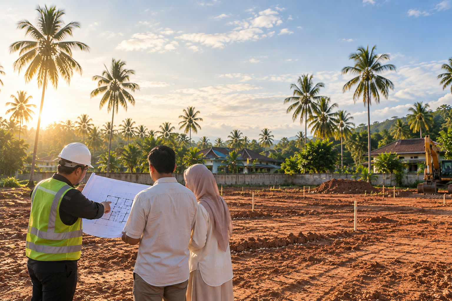 A couple and a site supervisor looking at house plans on an empty plot of land in Kelantan at sunrise