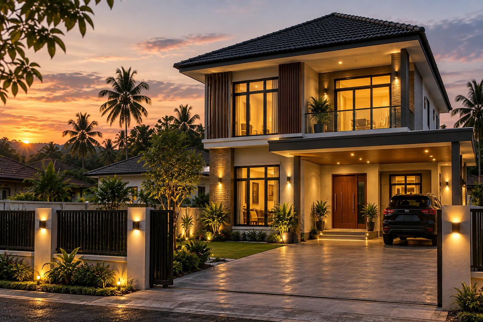 Double storey contemporary home lit up at dusk in Bachok, Kelantan