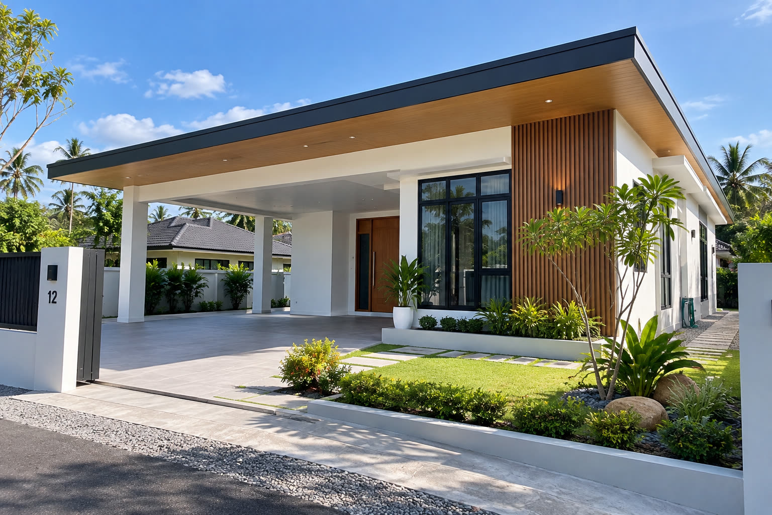 Single storey modern bungalow with a flat roof and carport in Ketereh