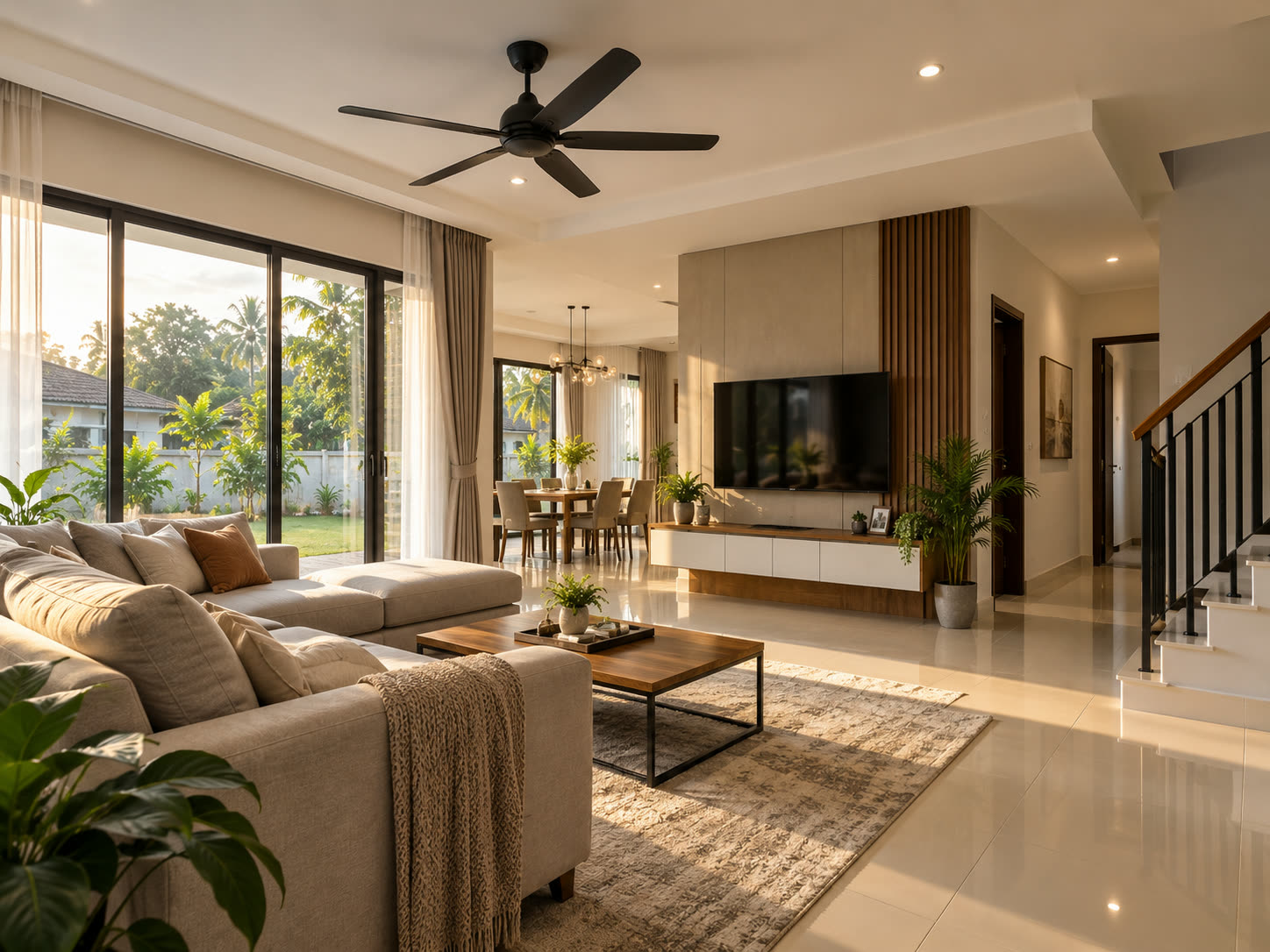 Finished living room with warm neutral walls and tiled floor