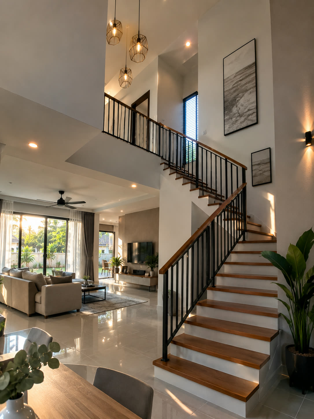 Staircase with timber treads and a simple metal balustrade