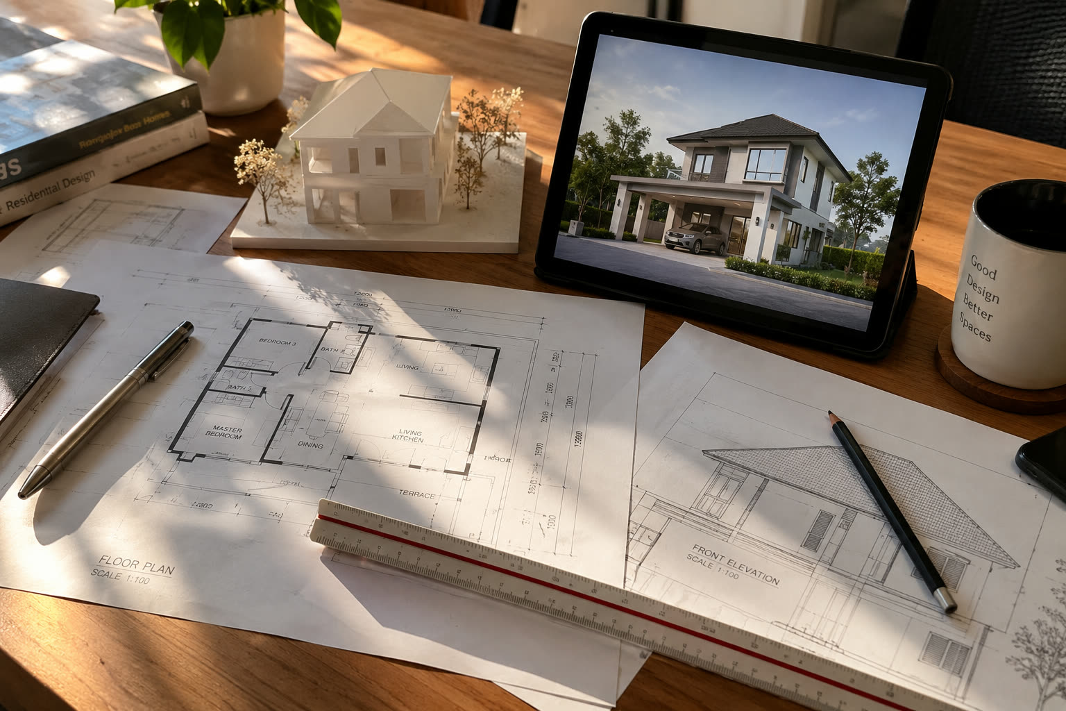 House plans, a tape measure and a calculator laid out on a table during a planning session