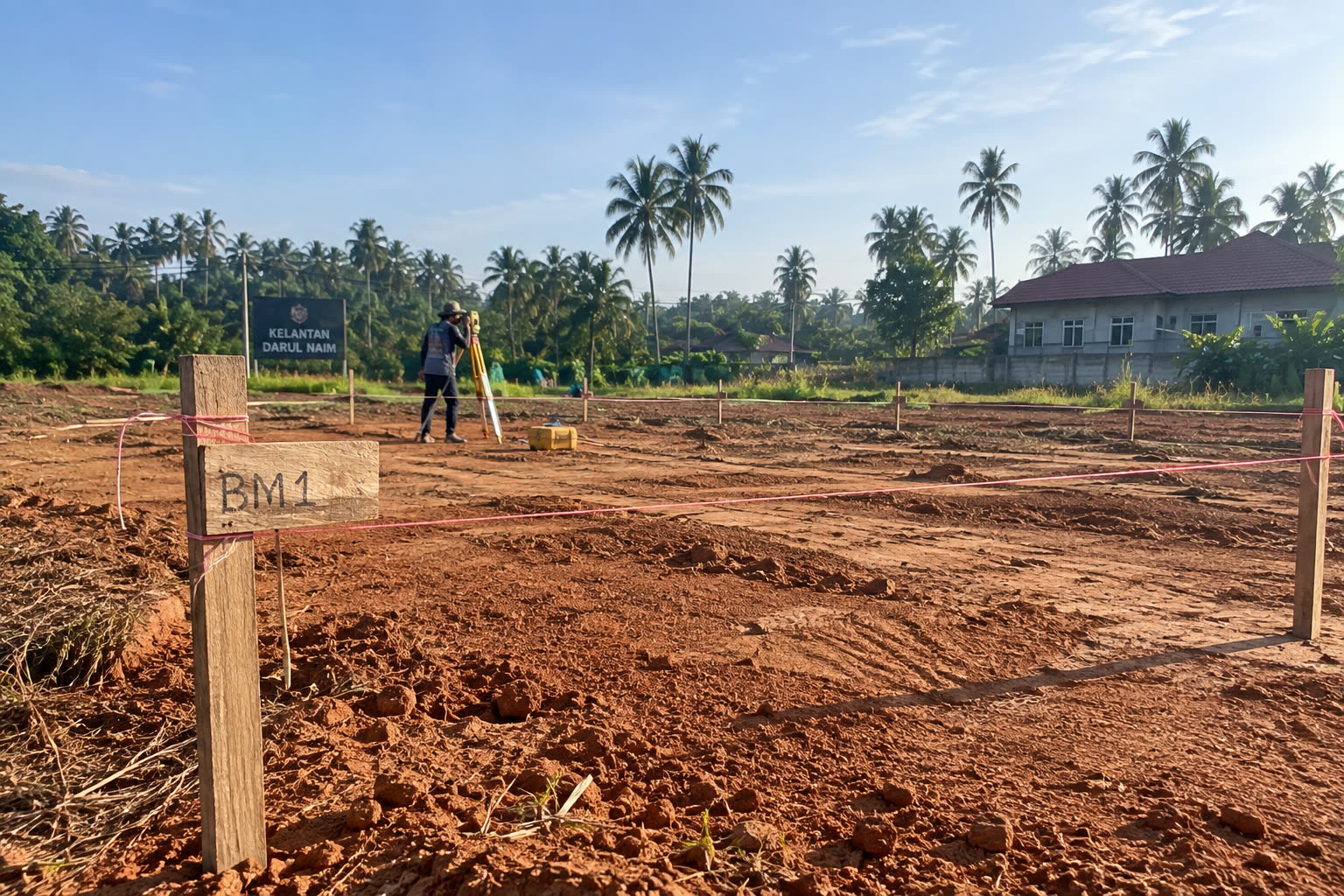 Empty residential land plot marked out with survey pegs in Kelantan