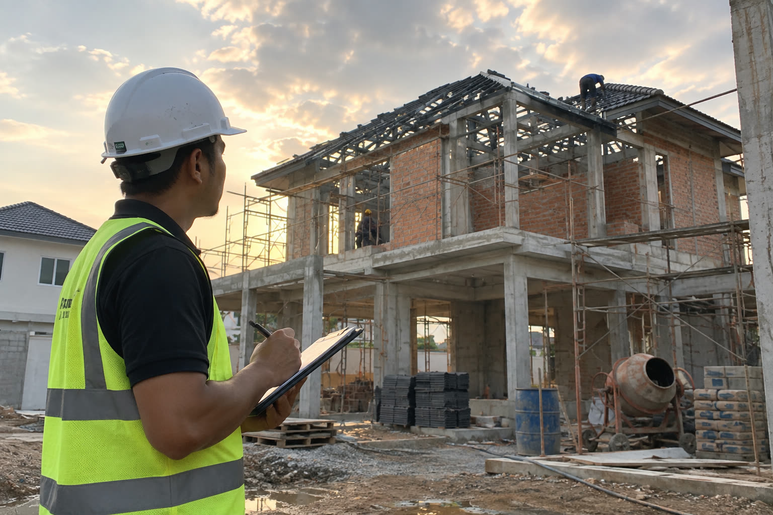Site supervisor checking construction progress on a Kelantan house build